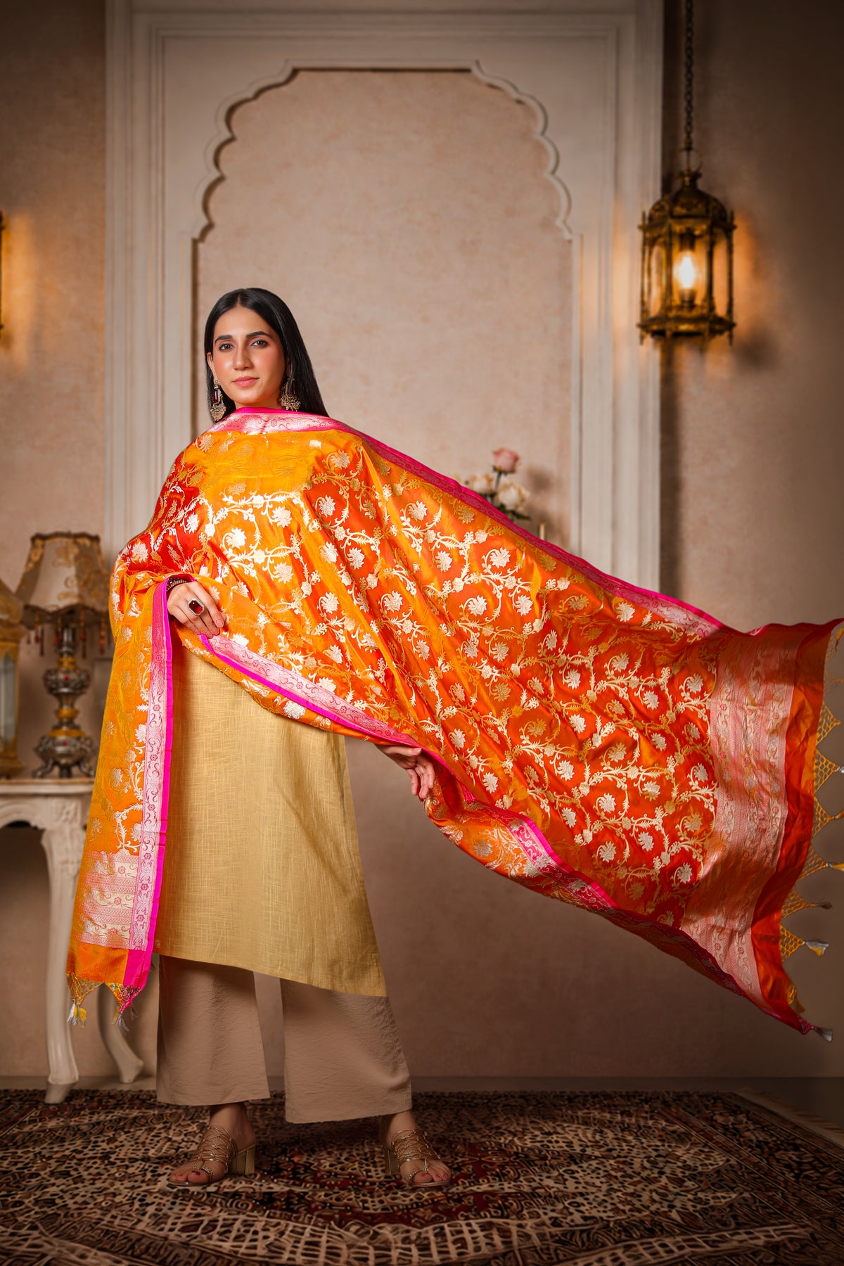 Agni – 100% Pure Silk Banarasi Dupatta in Rust Orange & Magenta