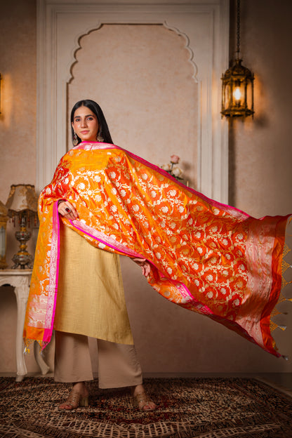 Agni – 100% Pure Silk Banarasi Dupatta in Rust Orange & Magenta