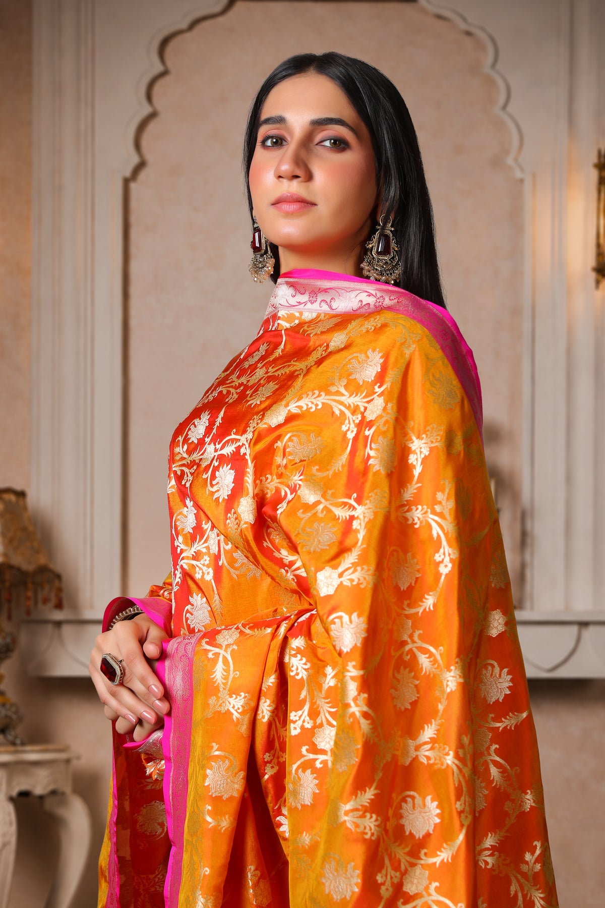 Agni – 100% Pure Silk Banarasi Dupatta in Rust Orange & Magenta