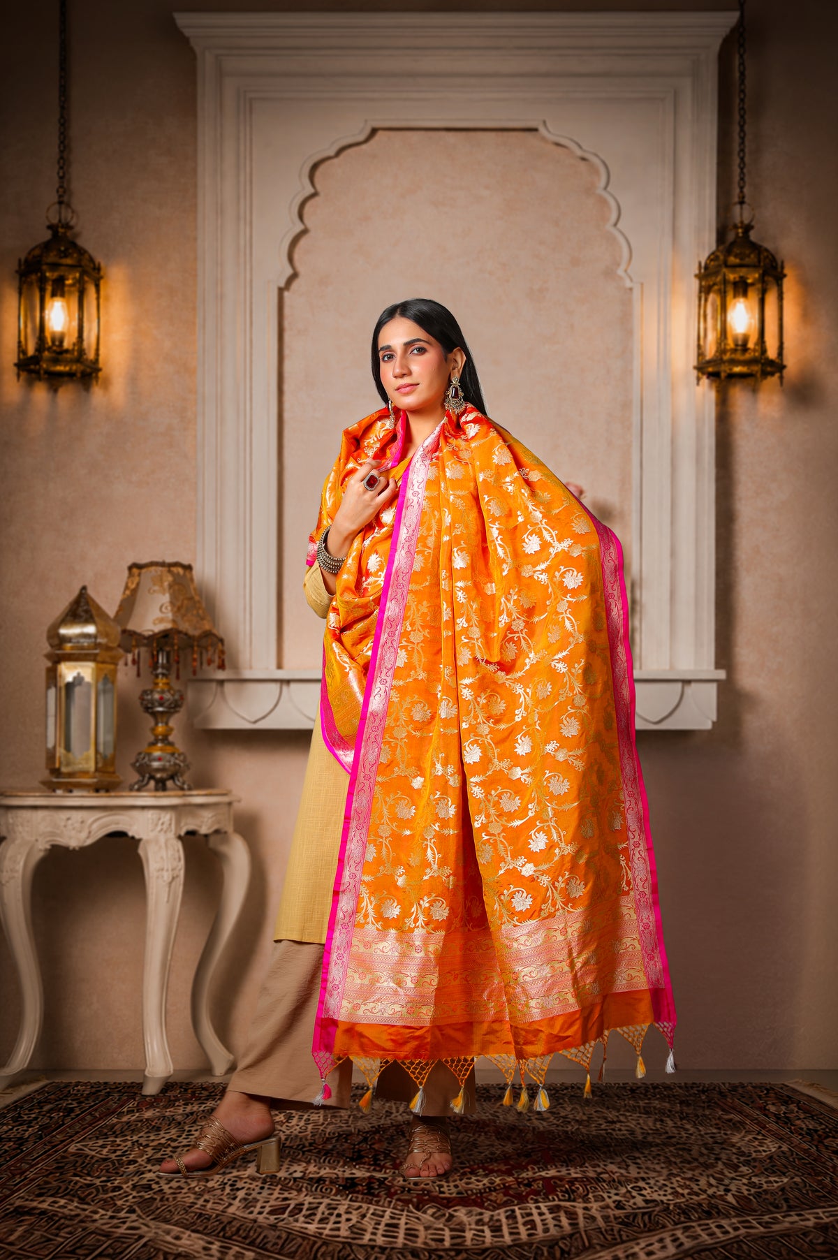 Agni – 100% Pure Silk Banarasi Dupatta in Rust Orange & Magenta