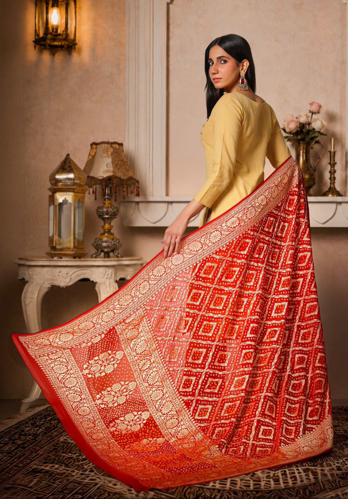 Sindoori – Pure Handwoven Silk Georgette, Rai Bandhani Dupatta