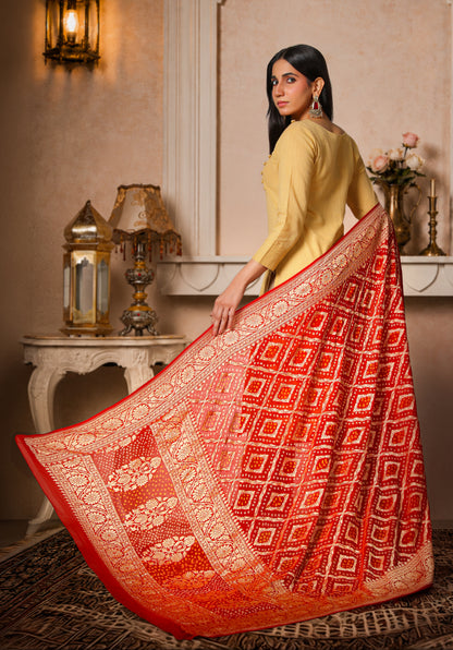 Sindoori – Pure Handwoven Silk Georgette, Rai Bandhani Dupatta