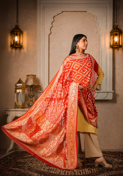 Sindoori – Pure Handwoven Silk Georgette, Rai Bandhani Dupatta