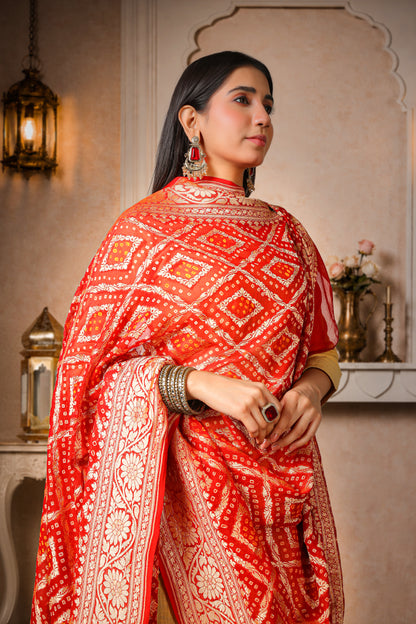 Sindoori – Pure Handwoven Silk Georgette, Rai Bandhani Dupatta