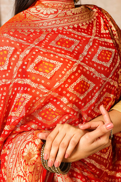 Sindoori – Pure Handwoven Silk Georgette, Rai Bandhani Dupatta