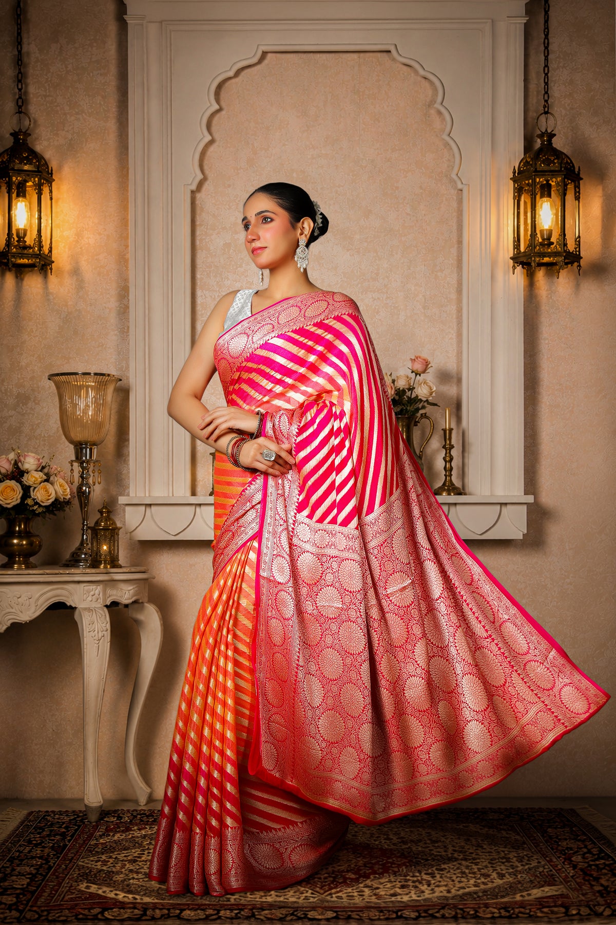 Handwoven Silk Georgette Lehariya Banarasi Saree, Peach & Pink