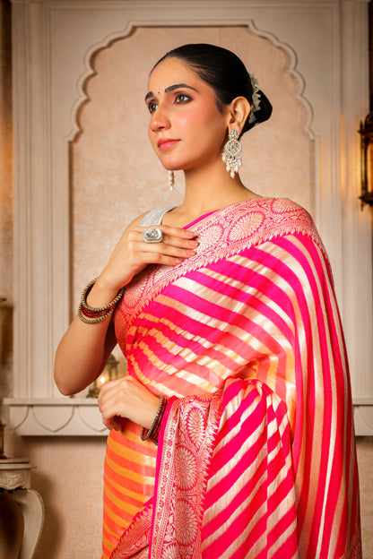 Handwoven Silk Georgette Lehariya Banarasi Saree, Peach & Pink