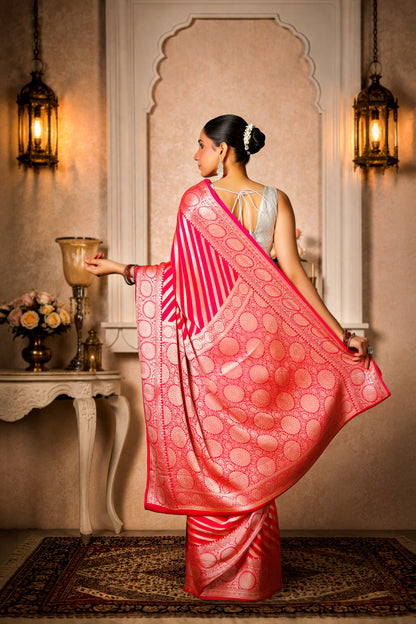 Handwoven Silk Georgette Lehariya Banarasi Saree, Peach & Pink
