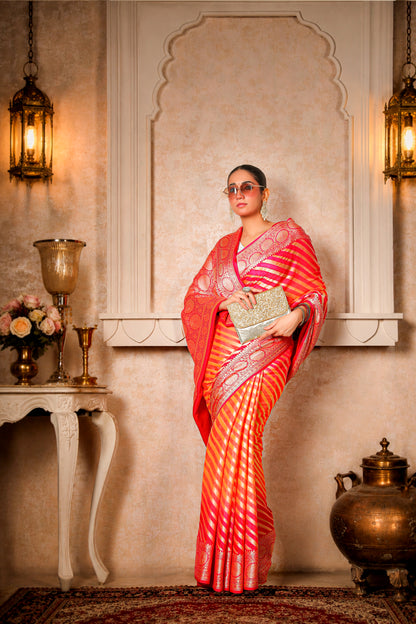 Handwoven Silk Georgette Lehariya Banarasi Saree, Peach & Pink