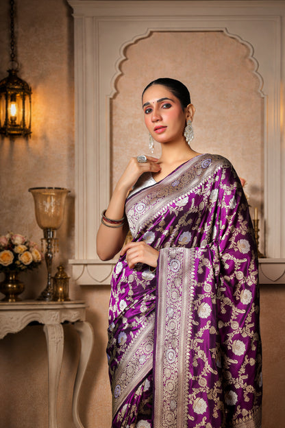 Pure Kataan Silk Banarasi Saree, Violet with Gold & Silver zari Border & Bel Pattern