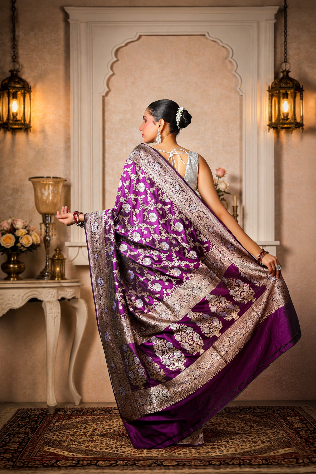 Pure Kataan Silk Banarasi Saree, Violet with Gold & Silver zari Border & Bel Pattern