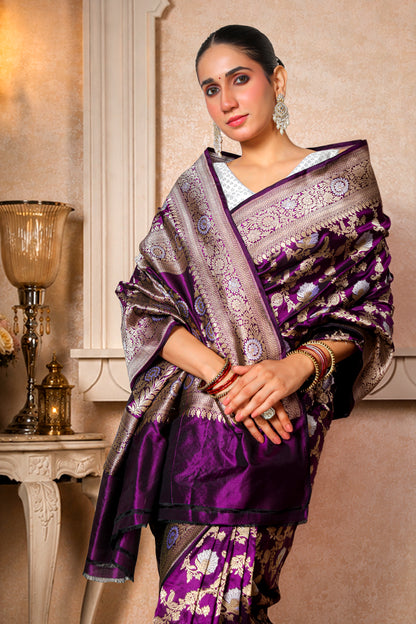 Pure Kataan Silk Banarasi Saree, Violet with Gold & Silver zari Border & Bel Pattern