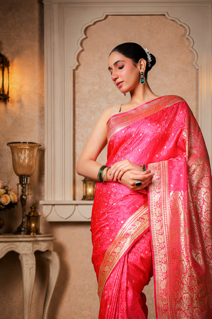 Pure Silk Banarasi Saree, Royal Pink with Golden Border & Aanchal
