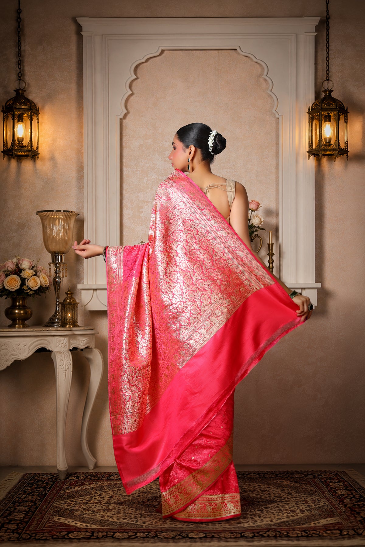 Pure Silk Banarasi Saree, Royal Pink with Golden Border & Aanchal