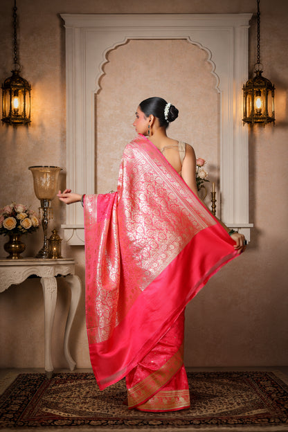 Pure Silk Banarasi Saree, Royal Pink with Golden Border & Aanchal