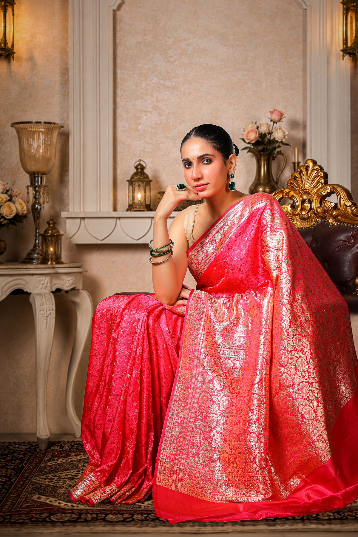 Pure Silk Banarasi Saree, Royal Pink with Golden Border & Aanchal