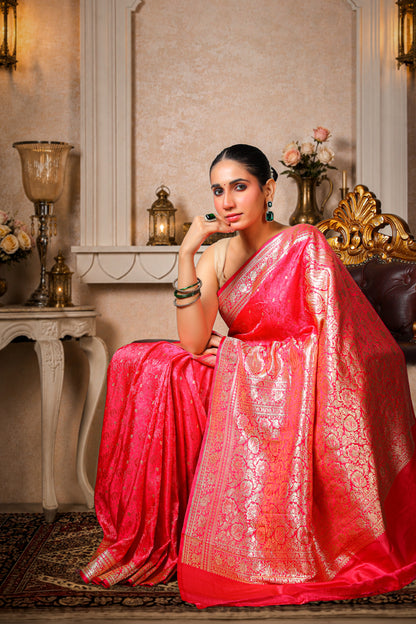 Pure Silk Banarasi Saree, Royal Pink with Golden Border & Aanchal
