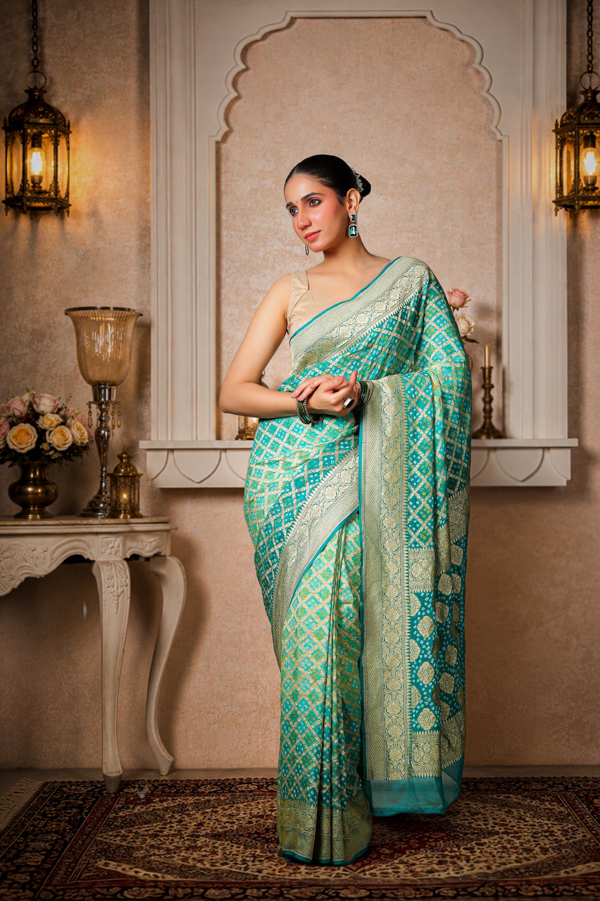 Pure Handwoven Silk Georgette Rai Bandhani Saree, Sea Green