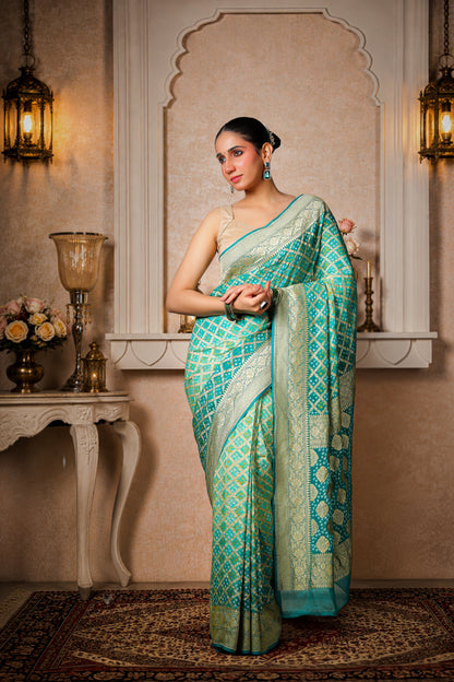 Pure Handwoven Silk Georgette Rai Bandhani Saree, Sea Green
