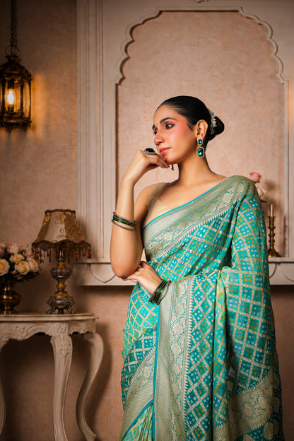 Pure Handwoven Silk Georgette Rai Bandhani Saree, Sea Green