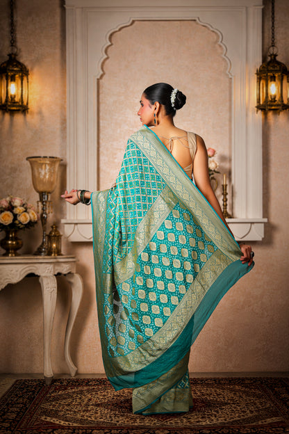 Pure Handwoven Silk Georgette Rai Bandhani Saree, Sea Green