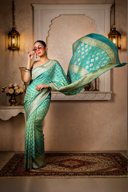 Pure Handwoven Silk Georgette Rai Bandhani Saree, Sea Green