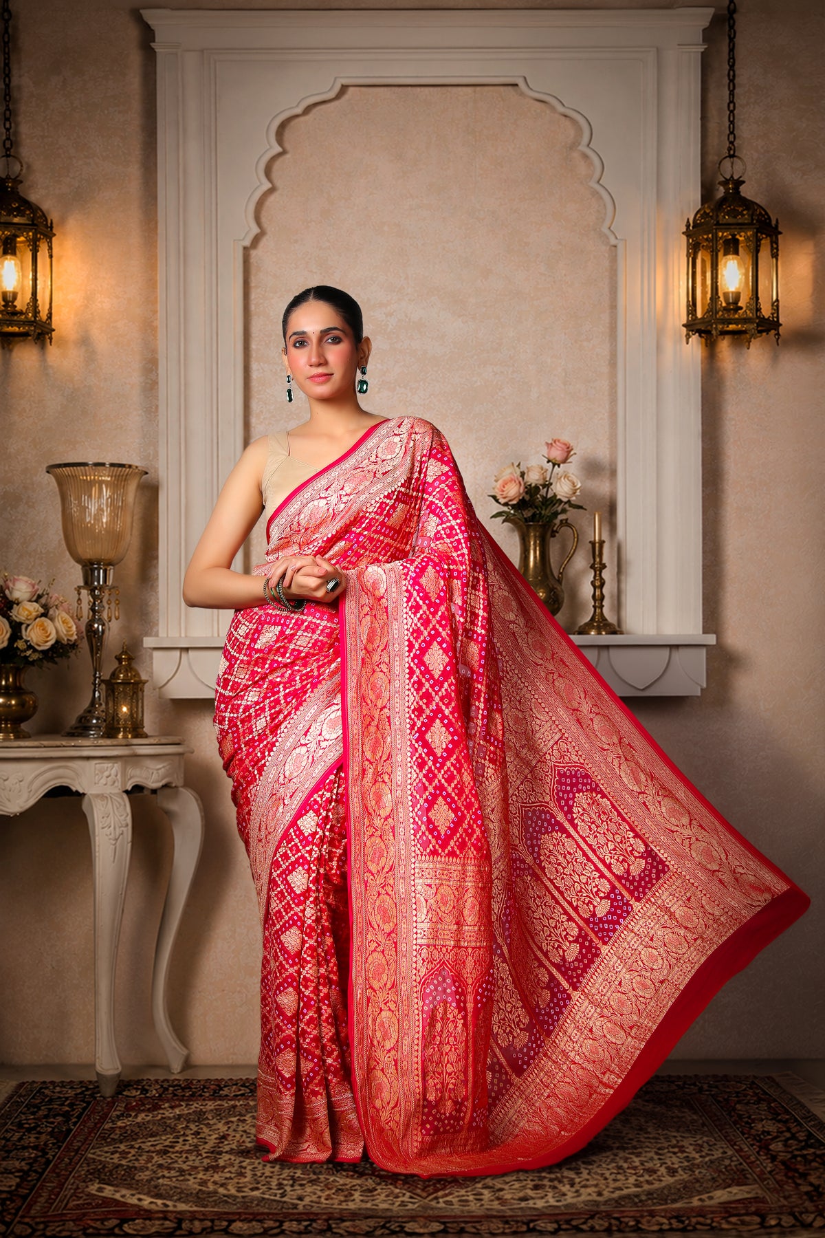 Pure Handwoven Silk Georgette, Rai Bandhani Saree, Magenta