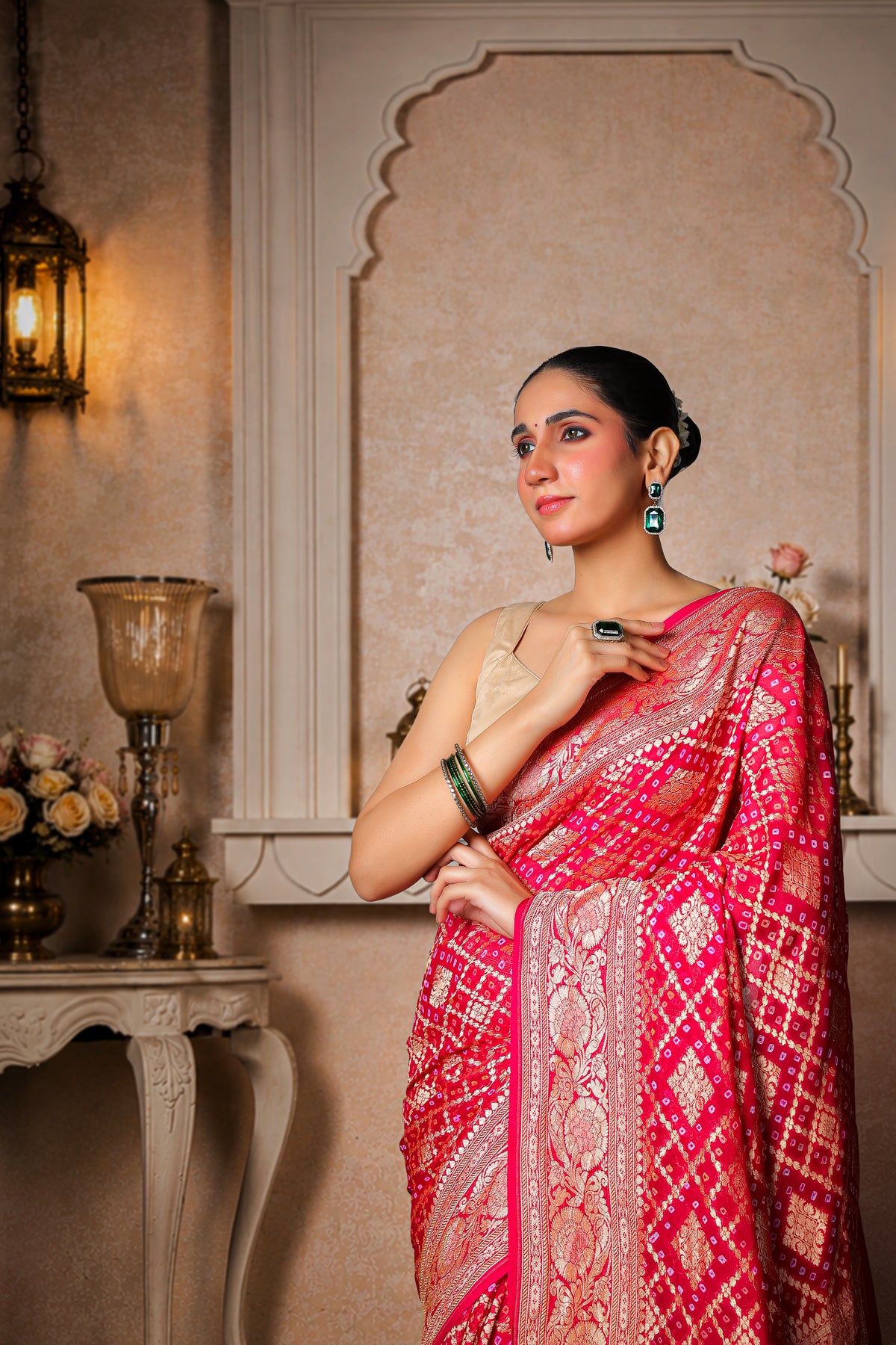 Pure Handwoven Silk Georgette, Rai Bandhani Saree, Magenta