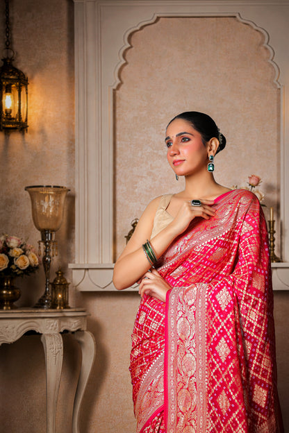 Pure Handwoven Silk Georgette, Rai Bandhani Saree, Magenta
