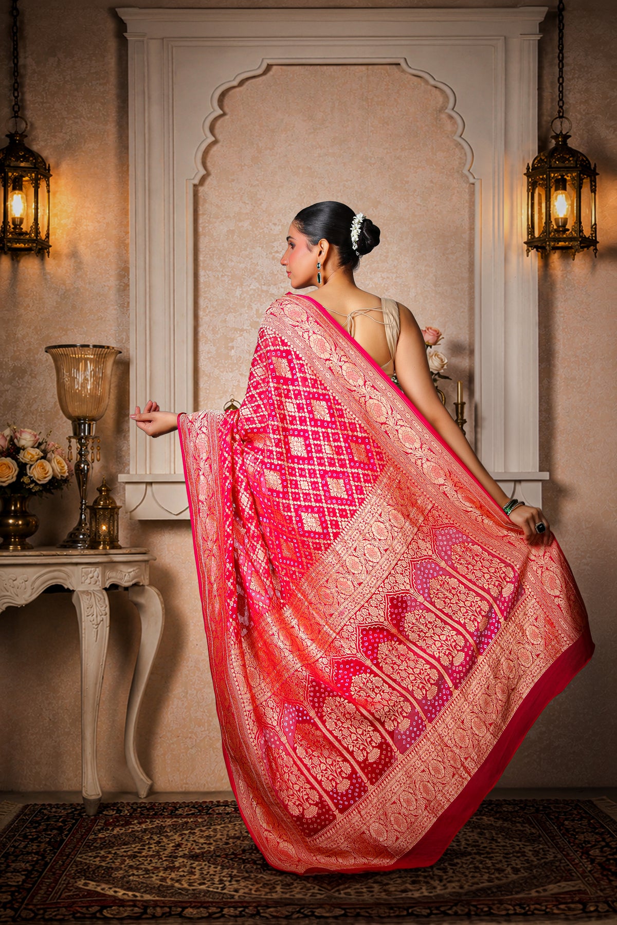Pure Handwoven Silk Georgette, Rai Bandhani Saree, Magenta