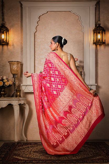Pure Handwoven Silk Georgette, Rai Bandhani Saree, Magenta