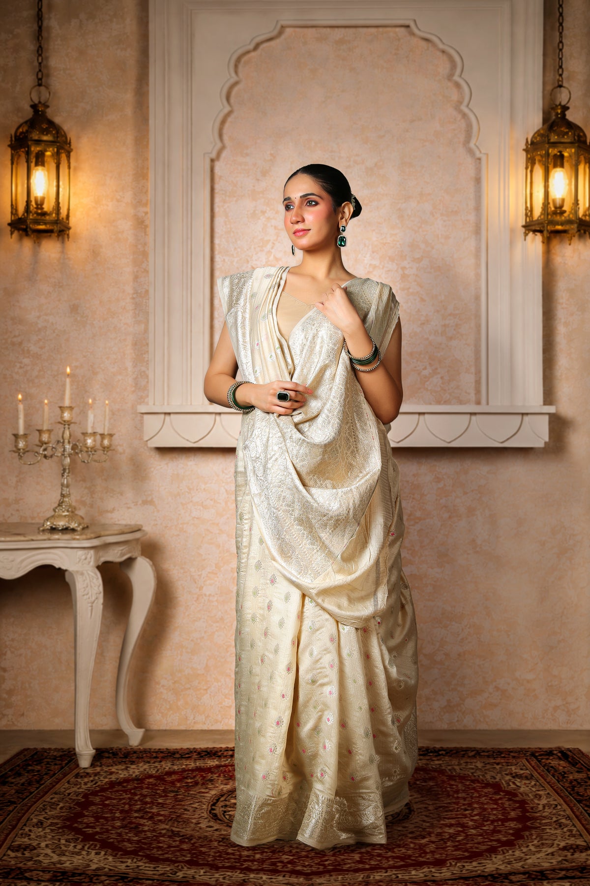 100% Pure Muga Silk Banarasi Saree, Beige