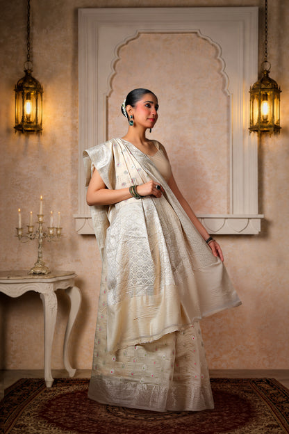 100% Pure Muga Silk Banarasi Saree, Beige