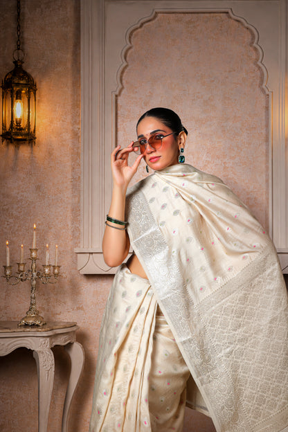 100% Pure Muga Silk Banarasi Saree, Beige
