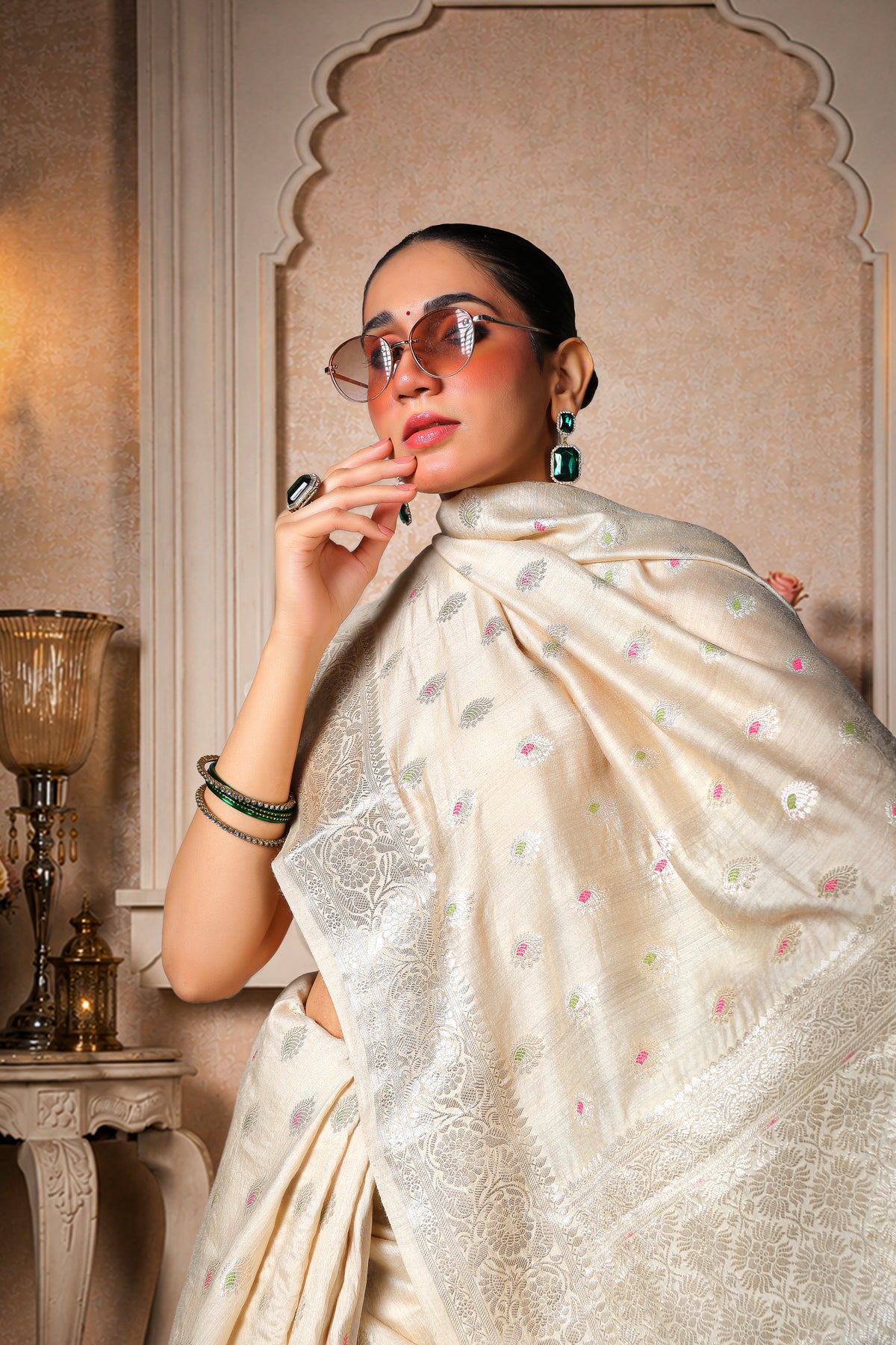 100% Pure Muga Silk Banarasi Saree, Beige