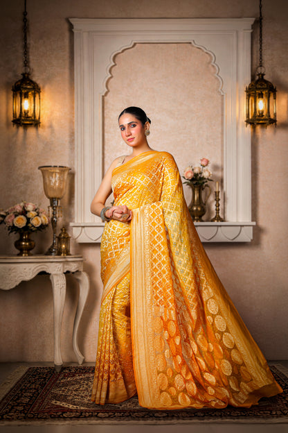 Pure Handwoven Silk Georgette, Rai Bandhani Saree, Golden Yellow