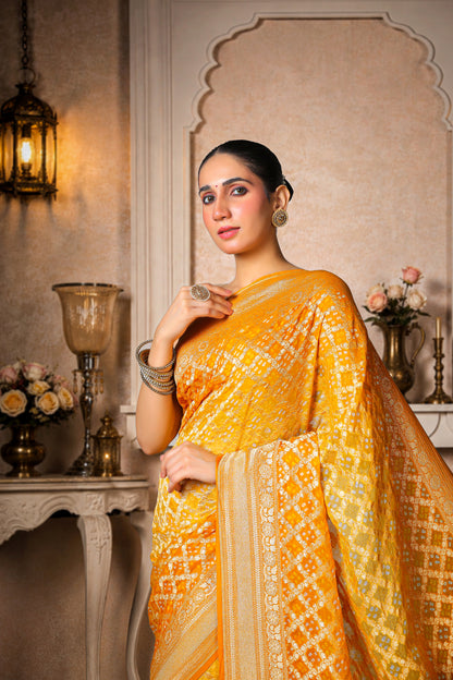 Pure Handwoven Silk Georgette, Rai Bandhani Saree, Golden Yellow