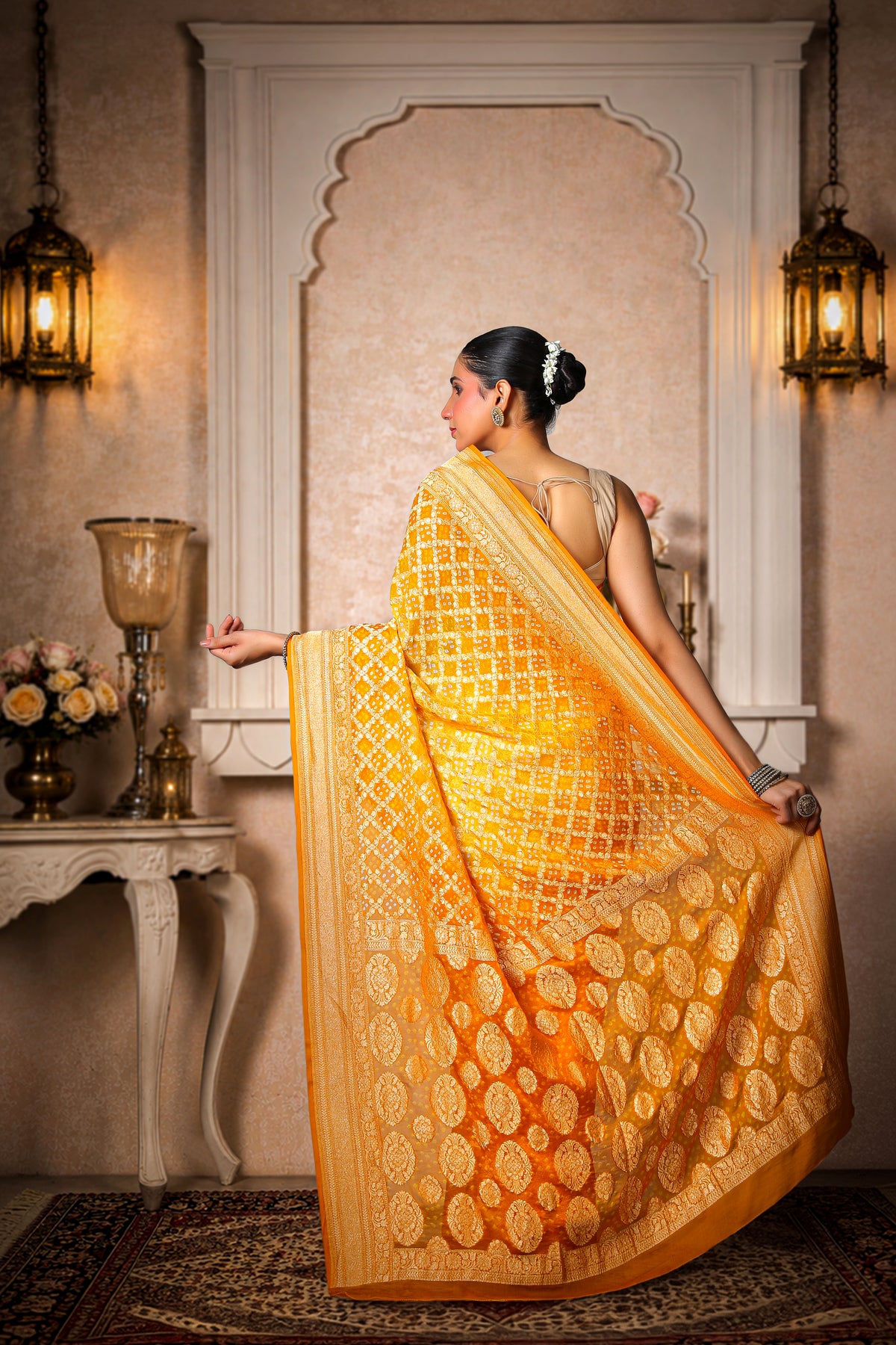Pure Handwoven Silk Georgette, Rai Bandhani Saree, Golden Yellow