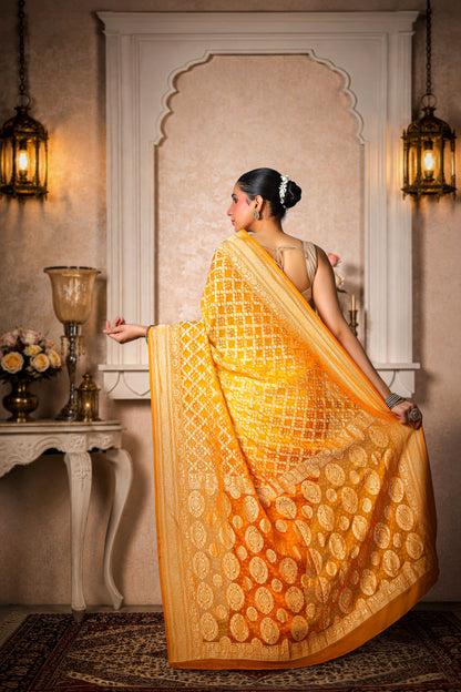 Pure Handwoven Silk Georgette, Rai Bandhani Saree, Golden Yellow