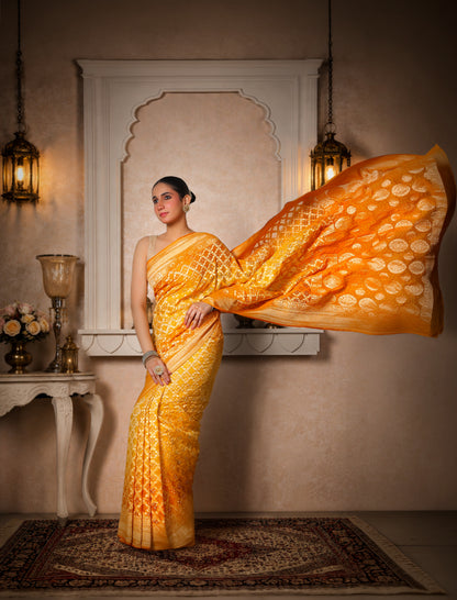 Pure Handwoven Silk Georgette, Rai Bandhani Saree, Golden Yellow