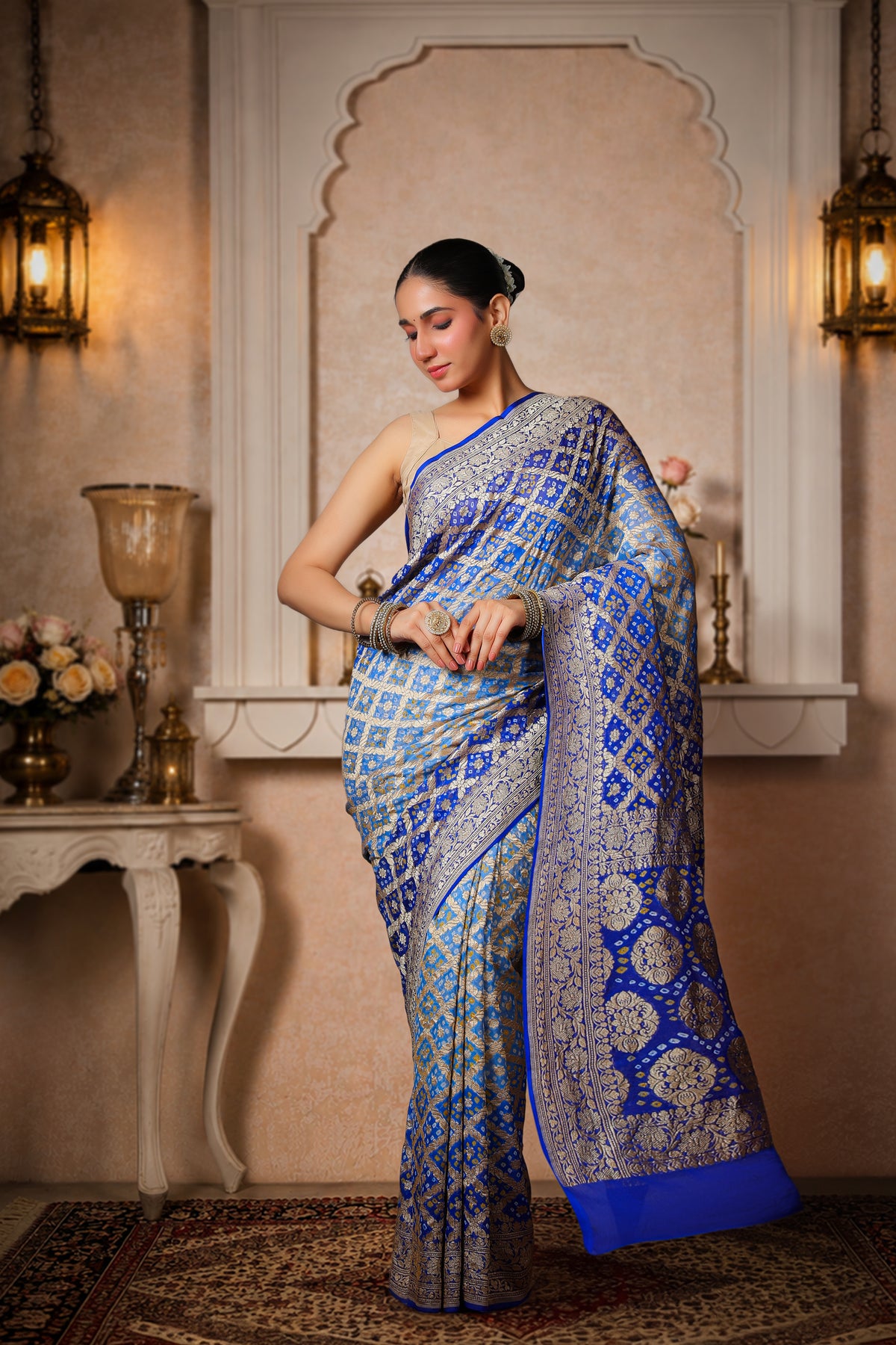 Pure Handwoven Silk Georgette, Rai Bandhani Saree, Royal Blue