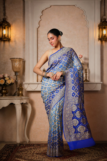Pure Handwoven Silk Georgette, Rai Bandhani Saree, Royal Blue