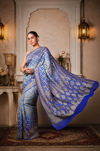 Pure Handwoven Silk Georgette, Rai Bandhani Saree, Royal Blue
