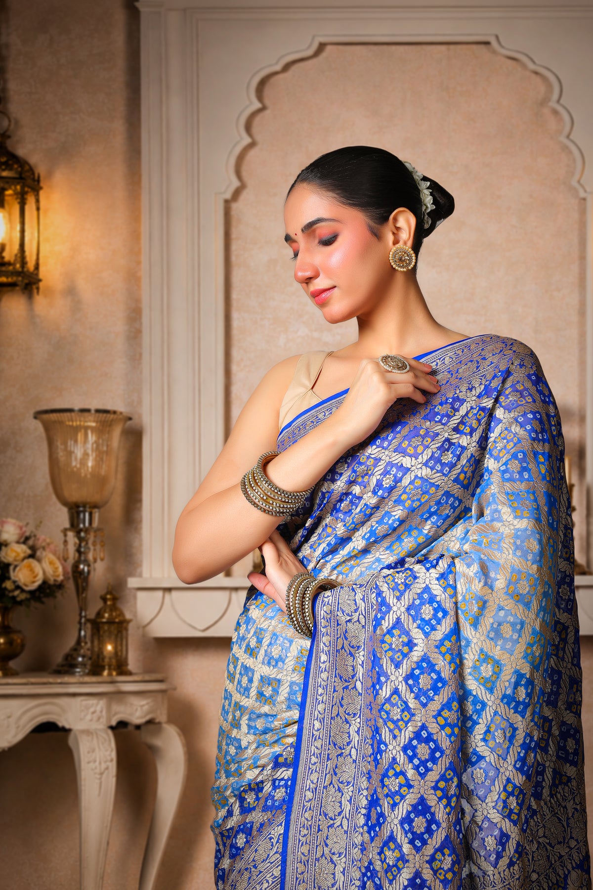 Pure Handwoven Silk Georgette, Rai Bandhani Saree, Royal Blue