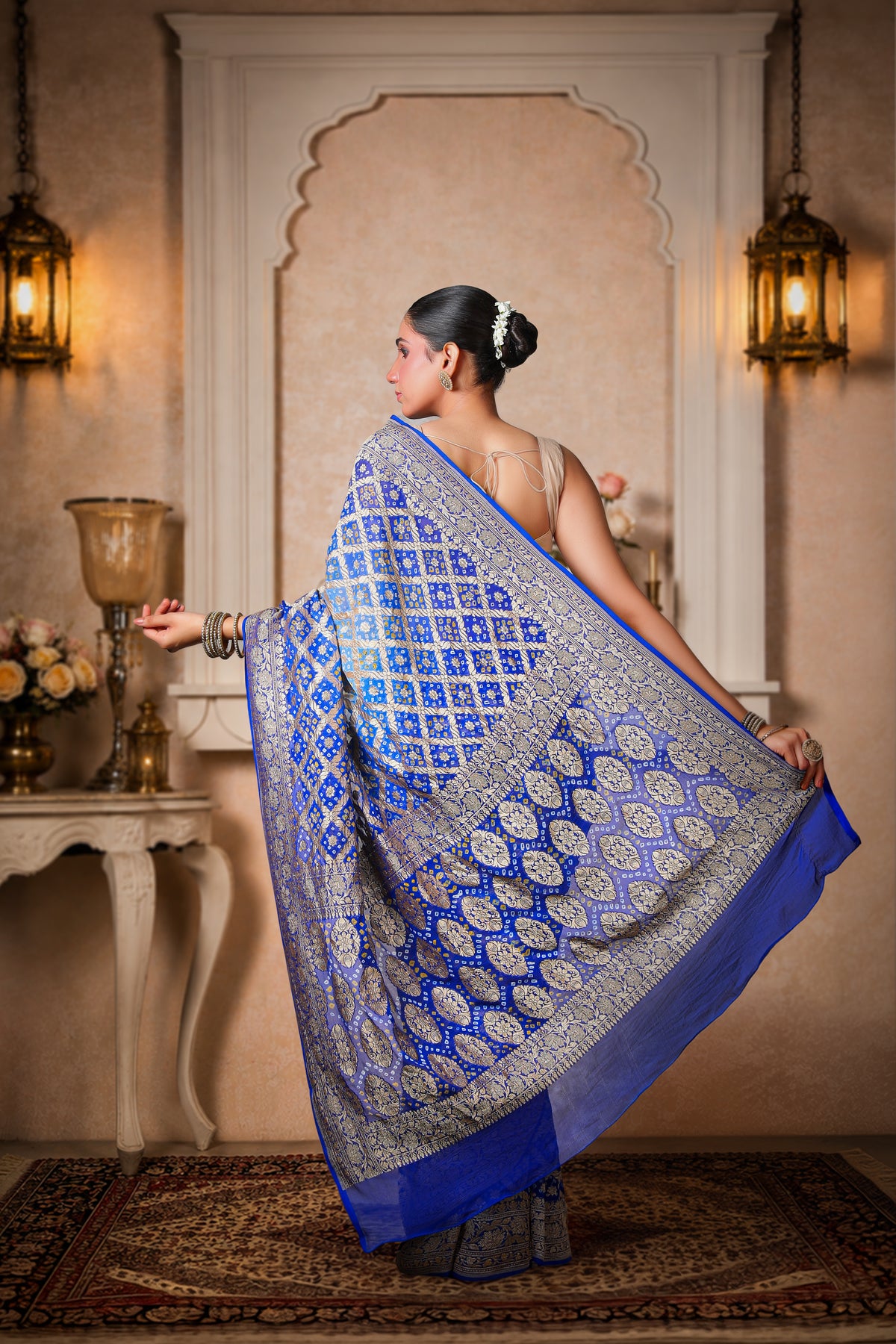 Pure Handwoven Silk Georgette, Rai Bandhani Saree, Royal Blue