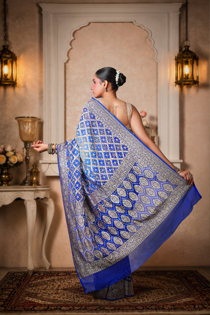 Pure Handwoven Silk Georgette, Rai Bandhani Saree, Royal Blue