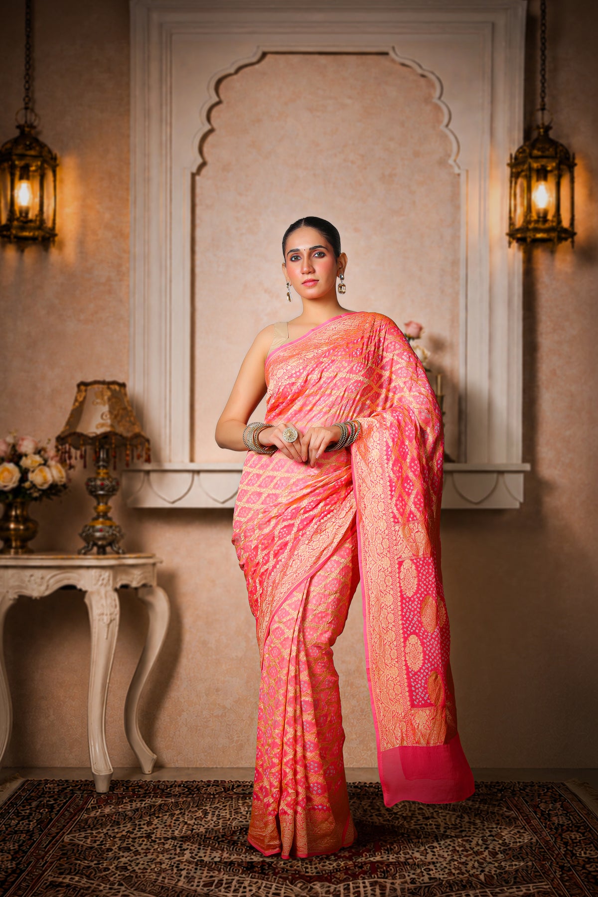 Pure Handwoven Silk Georgette, Rai Bandhani Saree, Royal Pink