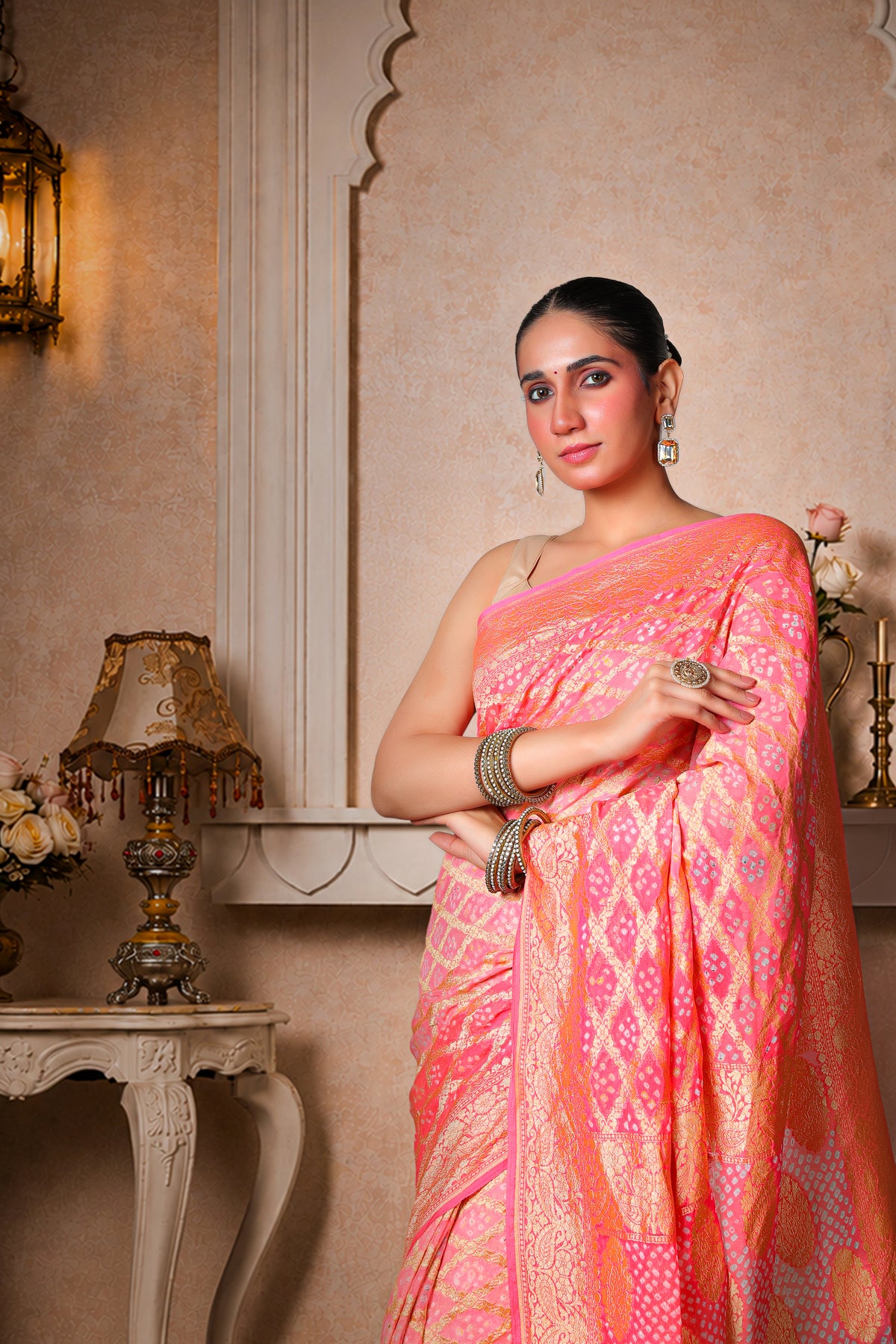 Pure Handwoven Silk Georgette, Rai Bandhani Saree, Royal Pink