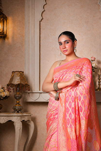 Pure Handwoven Silk Georgette, Rai Bandhani Saree, Royal Pink