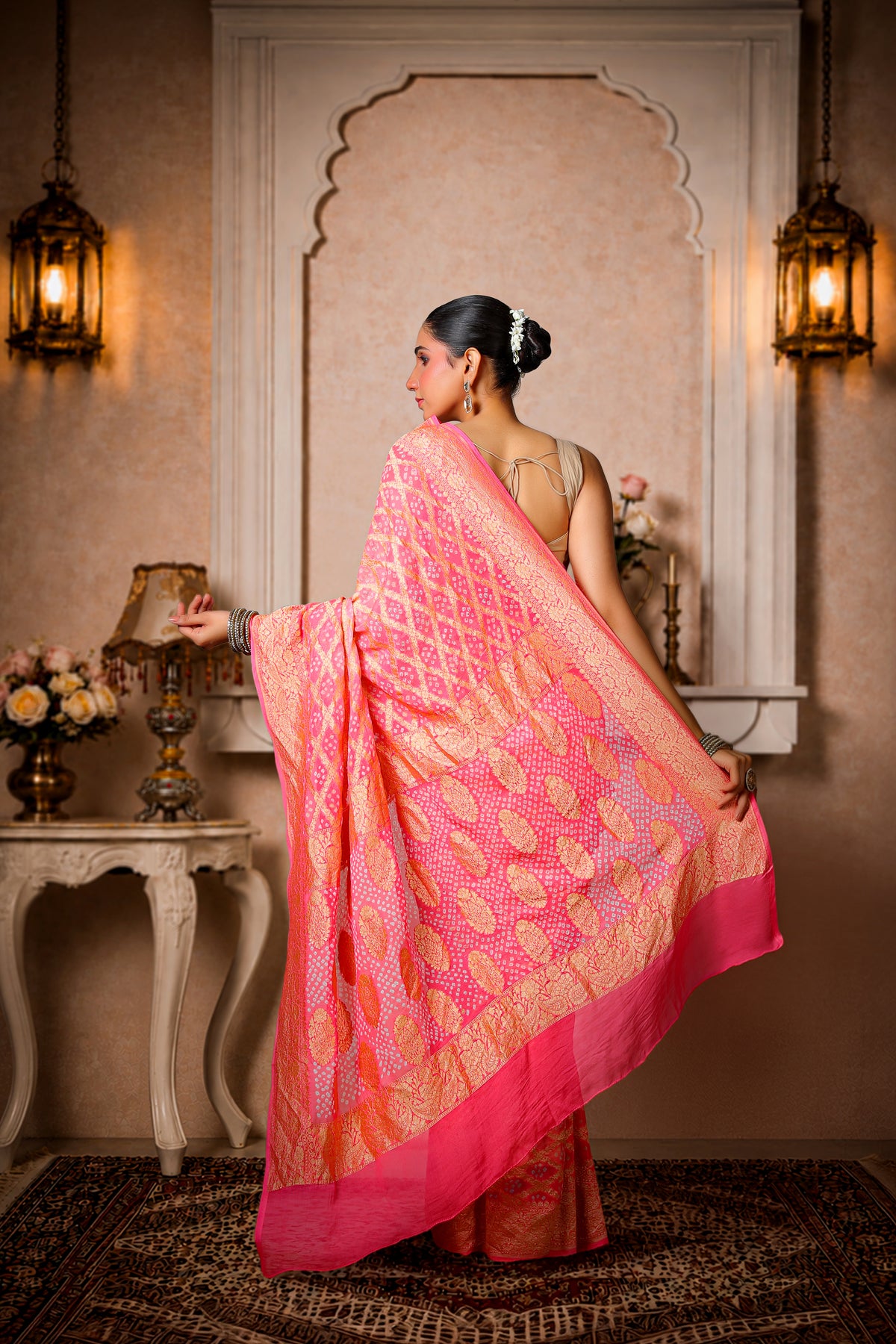 Pure Handwoven Silk Georgette, Rai Bandhani Saree, Royal Pink
